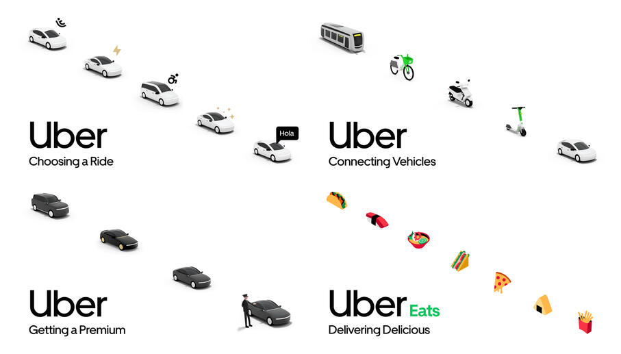 Always with Uber; a campaign utilizes a unified diagonal design system to visually reinforce that the service is your reliable partner for any journey or situation.