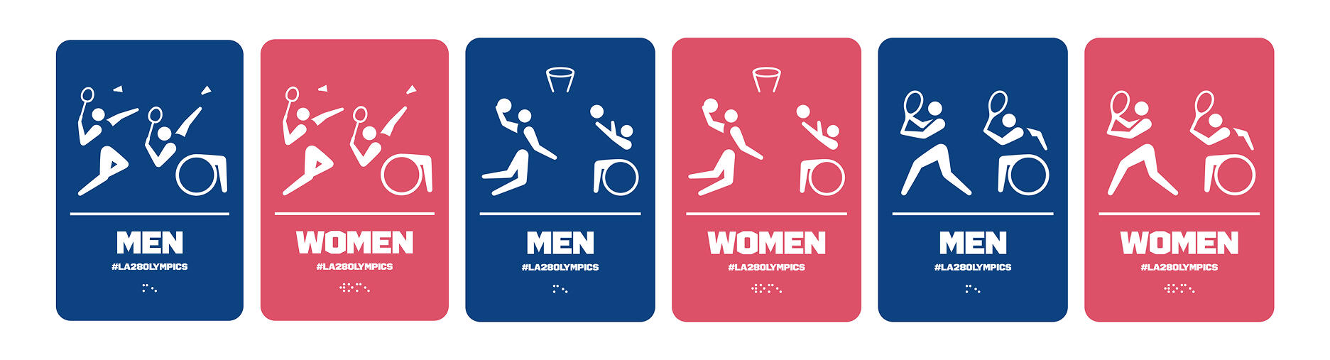LA28 Inclusive Restroom Wayfinding Concept; An inclusive restroom wayfinding concept for the LA28 Olympics that integrates Olympic and Paralympic athletes into a single system to visually reinforce equality.