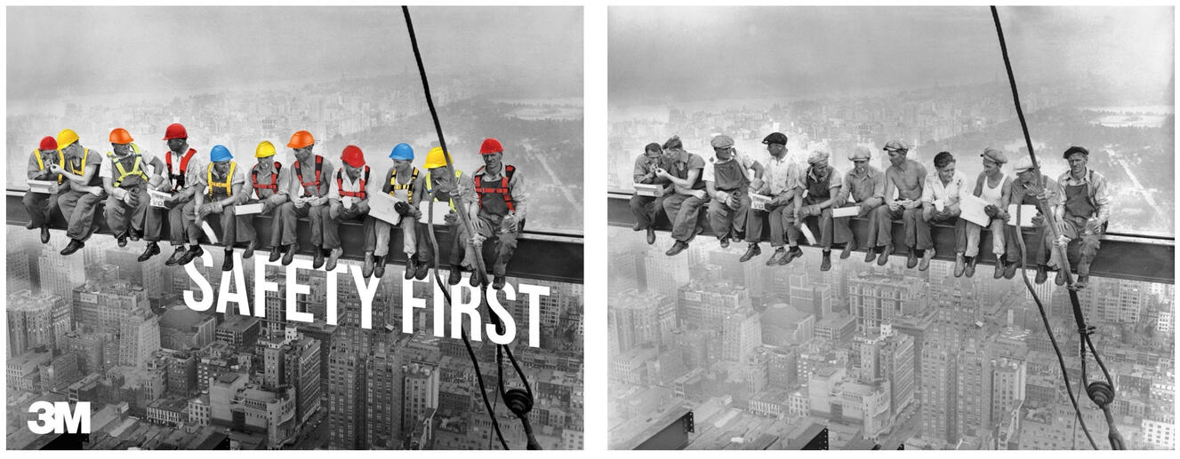 Safety First; 3M's 'Safety First' campaign reimagines the iconic 1930s 'Lunch atop a Skyscraper' photo by adding vibrant modern safety gear to the black-and-white image, highlighting the critical evolution of workplace safety.